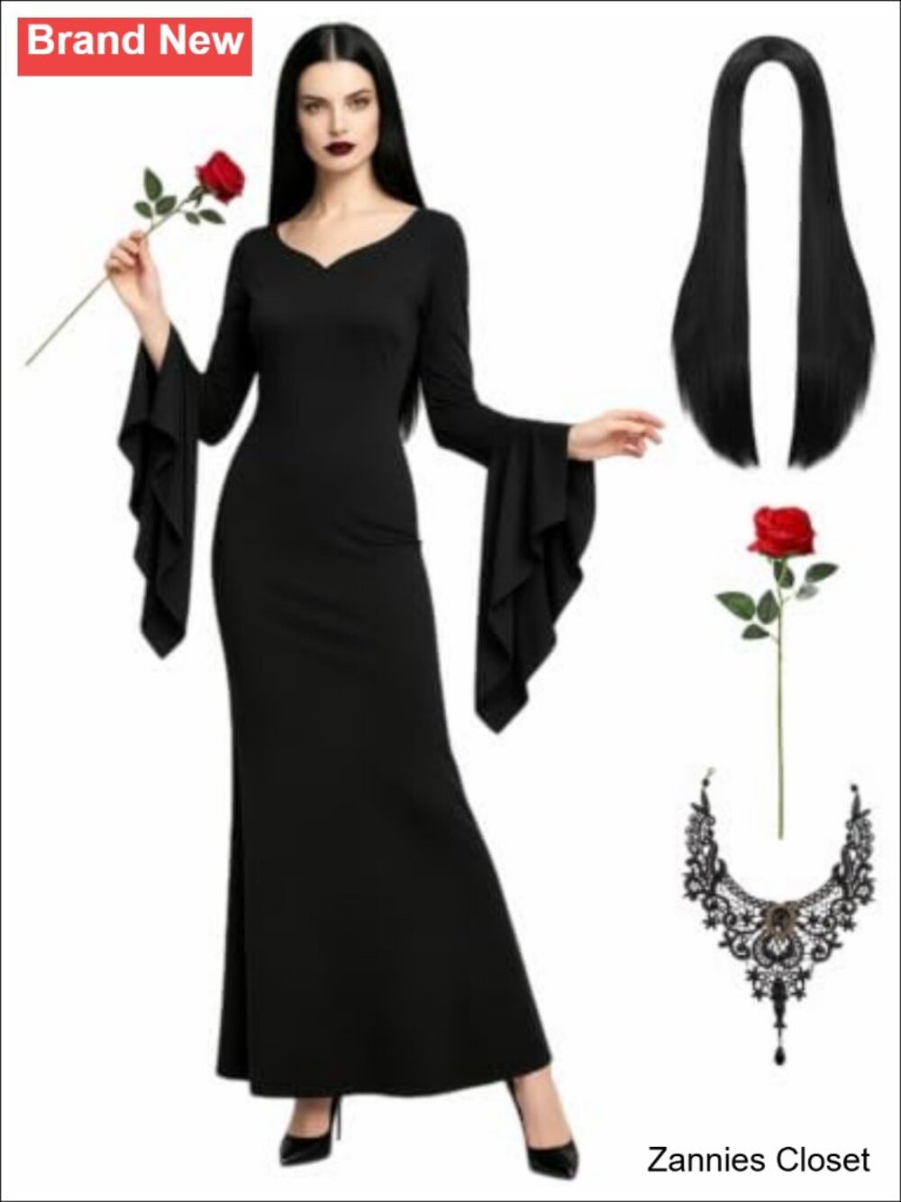 👻 Gothic Halloween Costume Set Women Black Dress Wig Necklace Cosplay Party